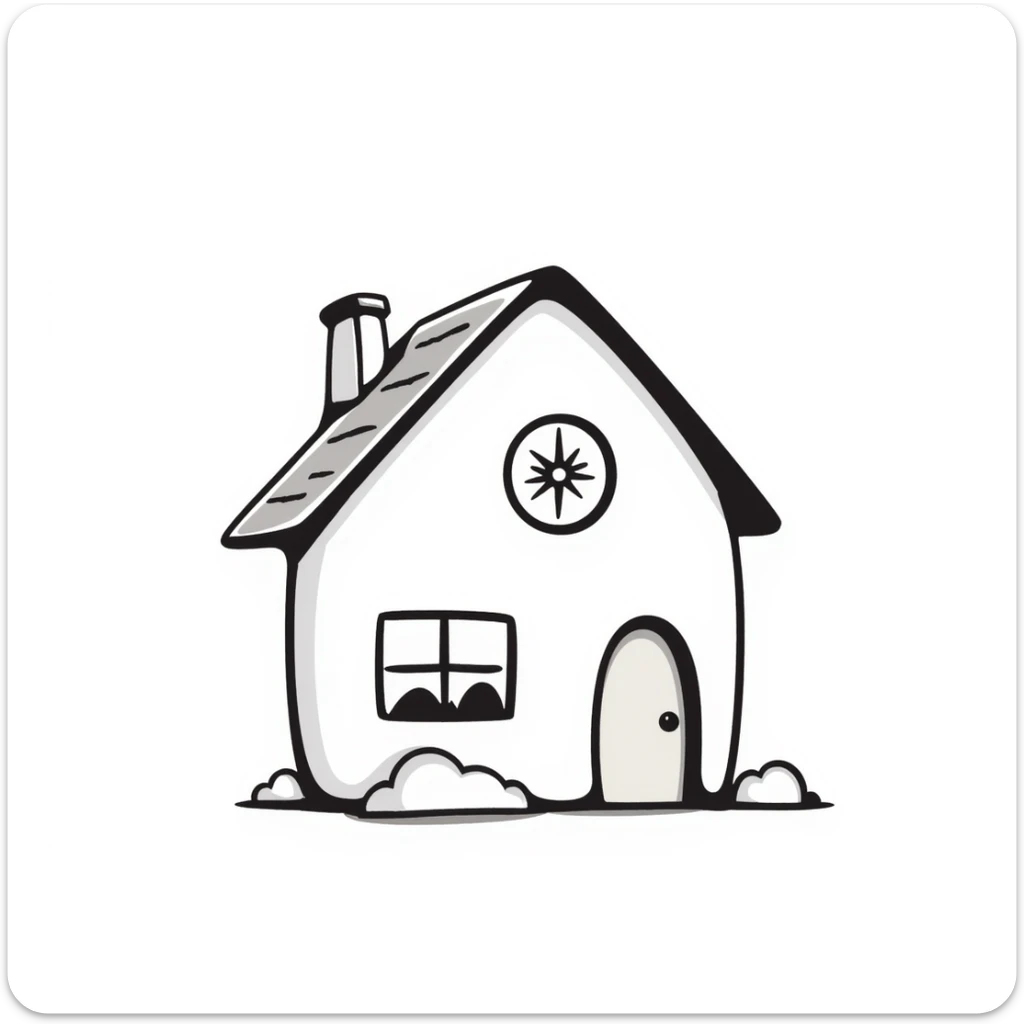 A cute small house/cottage with roof and windows in pastel colors (dd9fb0, ffc6d3, a3bfc9, c4bee2, f1b091), hand-drawn doodle style sticker