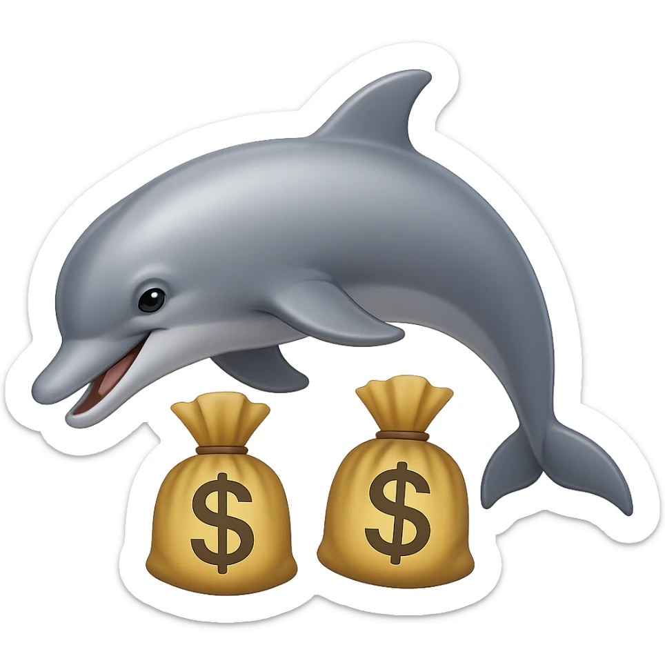 Add bags of money next to the playful dolphin in the same playful dolphin style, no background. sticker