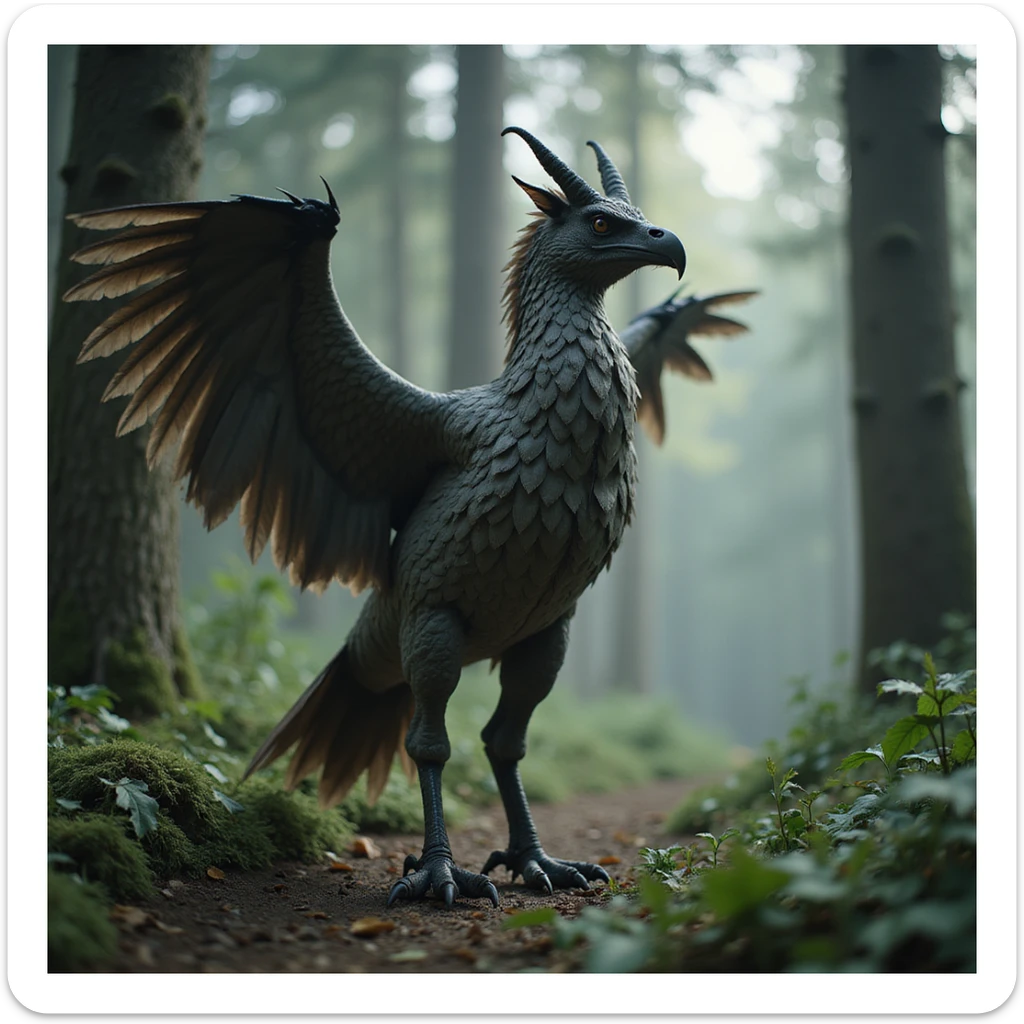 Buckbeak the hippogriff in the Forbidden Forest, Harry Potter series, photorealistic style sticker