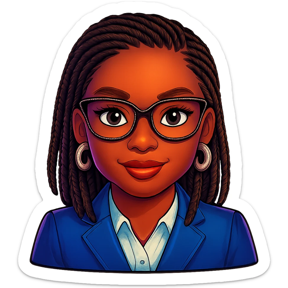 Add braided hair to Kemi Badenoch confident emoji with glasses, keep the background transparent. Maintain the style and transparent background. sticker