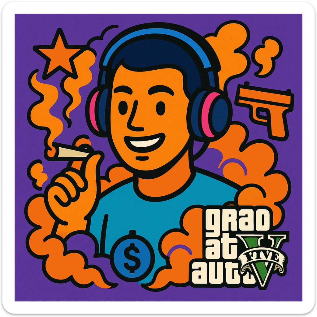 streamer avatar with headphones surrounded by smoke and GTA V icons holding a joint sticker