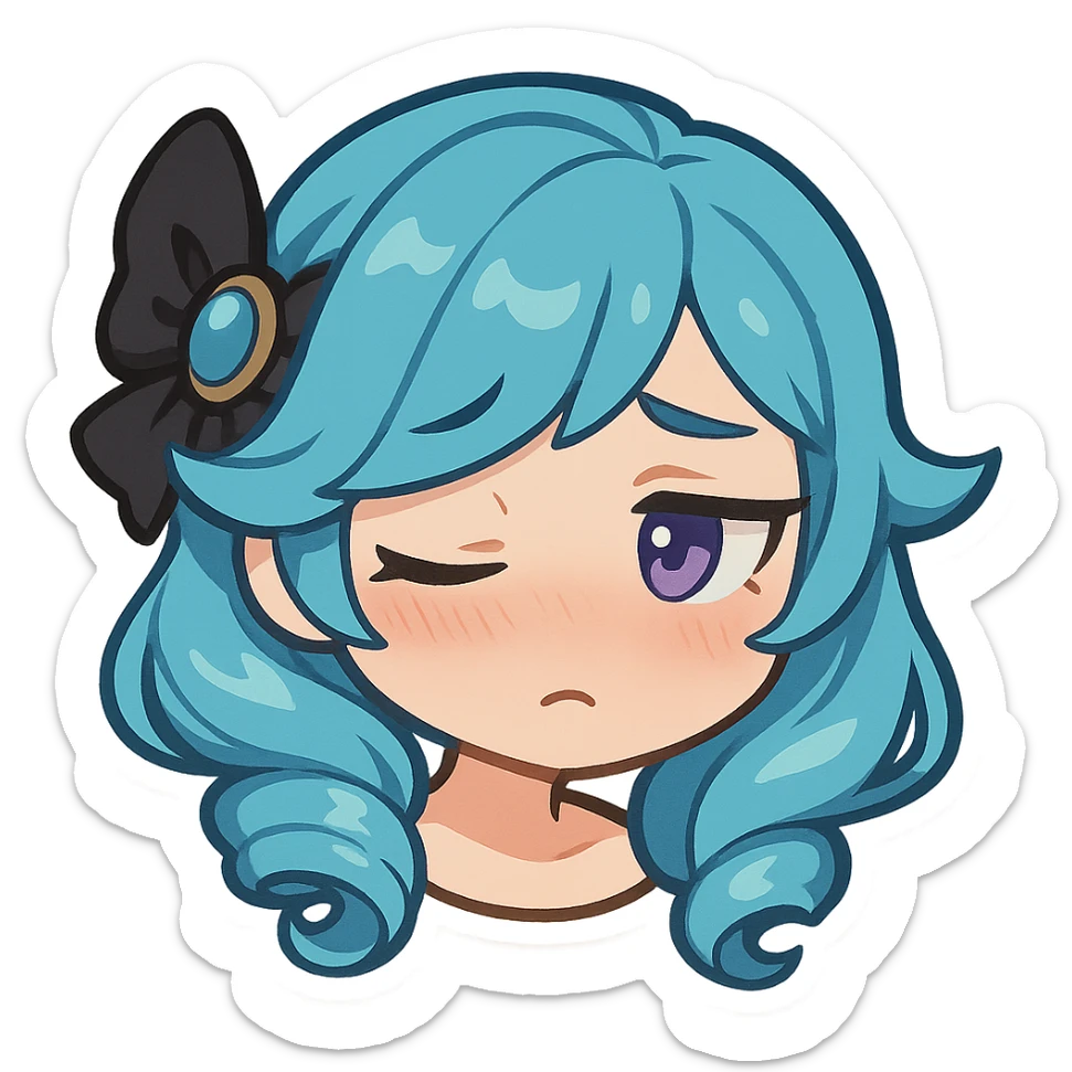 Gwen from League of Legends, shy emote, chibi style, only head, right eye purple, looking away sticker