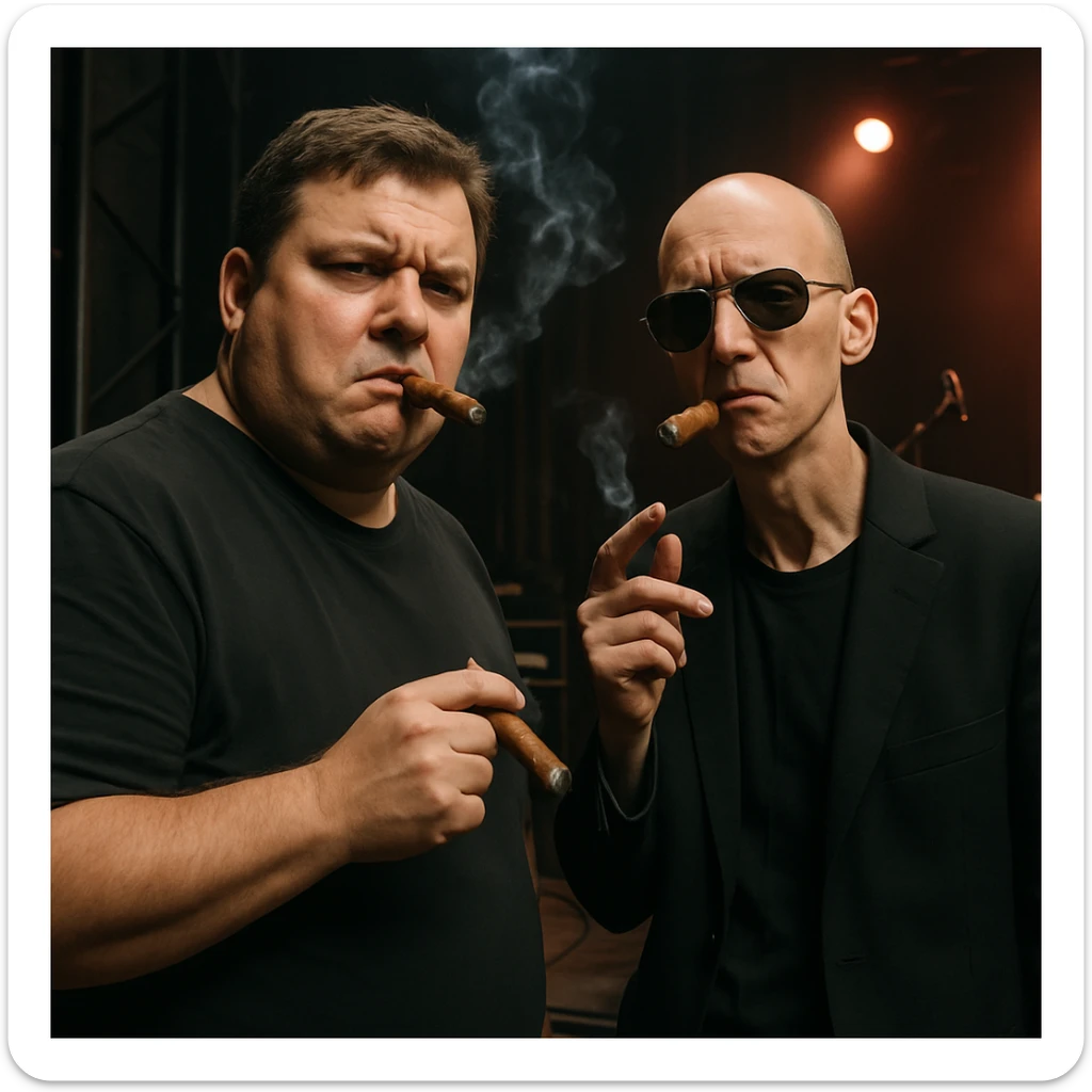 Par de personas que trabajan en la industria musical (hombre robusto de 40 años y otro hombre flaco calvo y con lentes de sol), parados conversando en el backstage de un concierto, con aires de superioridad, mientras se fuman un cigarro, mientras miran a la cámara (músico) de forma despectiva y burlona sticker