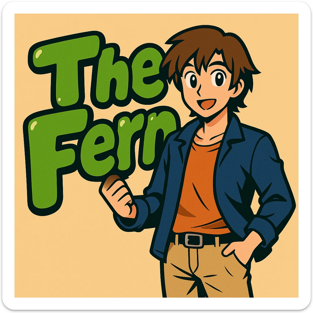Add a brunette anime man standing in front of the green bubble letters that say 'The Fern' with a black outline. The man should have medium-length brown hair, stylish casual clothes, and an expressive anime face. Keep the vibrant, cartoonish, eye-catching vibe. sticker