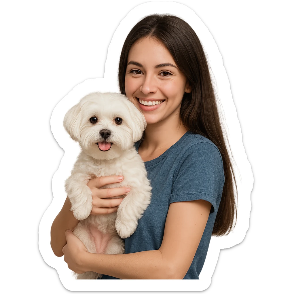 brunette girl with long hair holding a Maltese dog, friendly and cute sticker