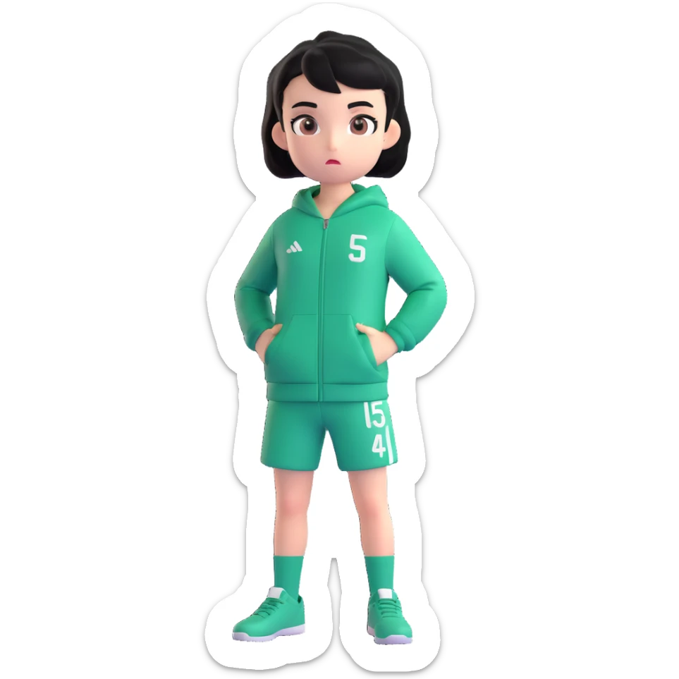 Player 456 from Squid Game, wearing green tracksuit with number 456, short black hair, determined expression, simple character pose sticker