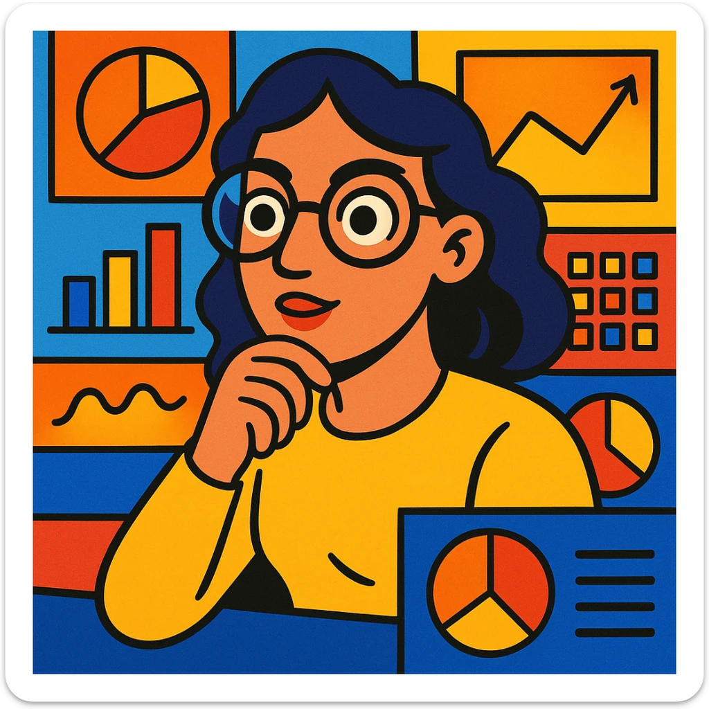 A woman wearing glasses looking at data, in vibrant toon style, colorful and lively illustration with clear details and expressive features. sticker