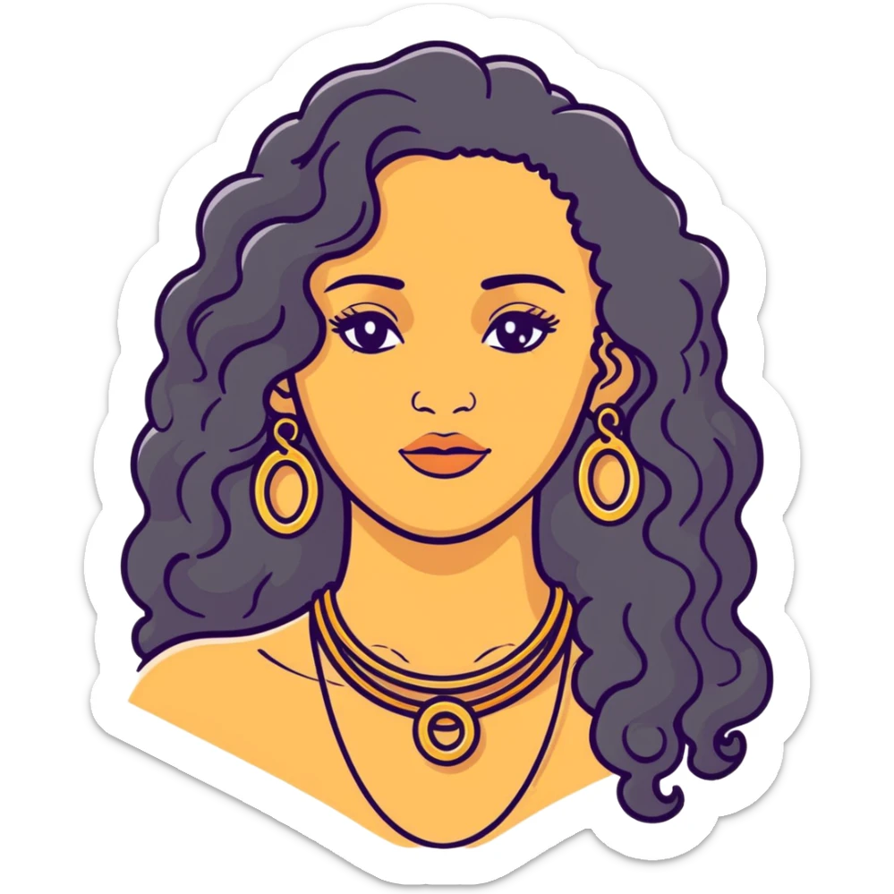 attractive Greek woman with long curly hair and light skin wearing gold hoop earrings and a gold necklace sticker