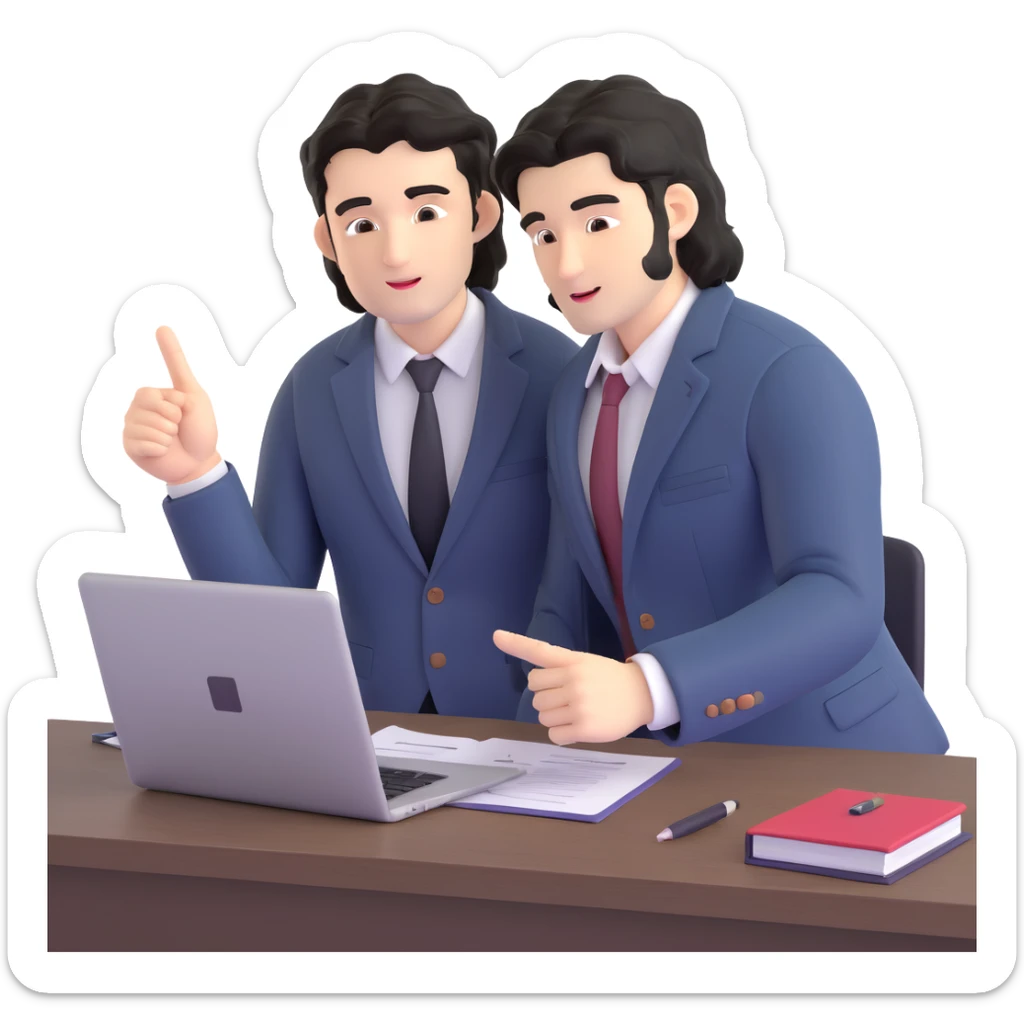 Business strategist with black wavy hair, stubble, chiseled face, wearing blazer and button-up shirt, mentoring a younger professional, leaning forward with engaged expression, pointing at document or laptop, in a one-on-one coaching session sticker
