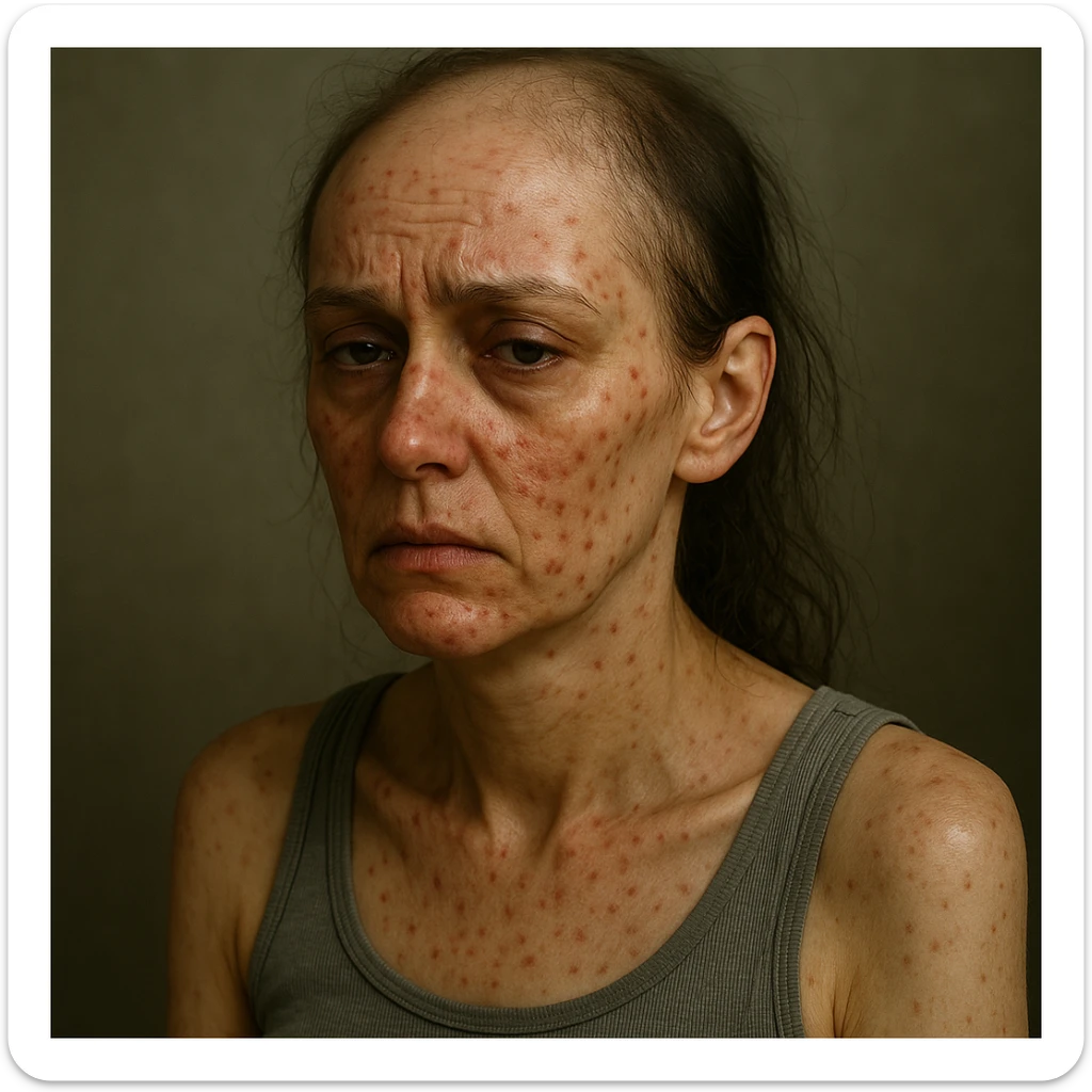 Highlight hormonal symptoms in a woman: evident acne on the face, alopecia with thinning hair areas, dull skin, tired expression, hyper-realistic details, atmosphere suggesting hormonal discomfort. The style should reflect a realistic and detailed portrayal to emphasize the symptoms and mood. sticker