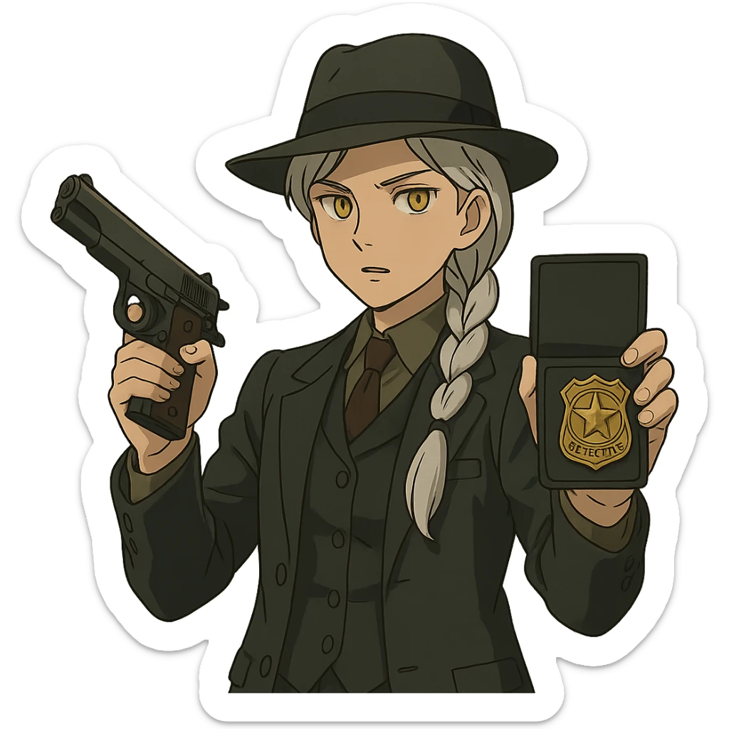 1 female, 1920's mens suit, long white hair braid, gold yellow eyes, muted dark colors, brandishing a colt 1911 and a detective badge sticker