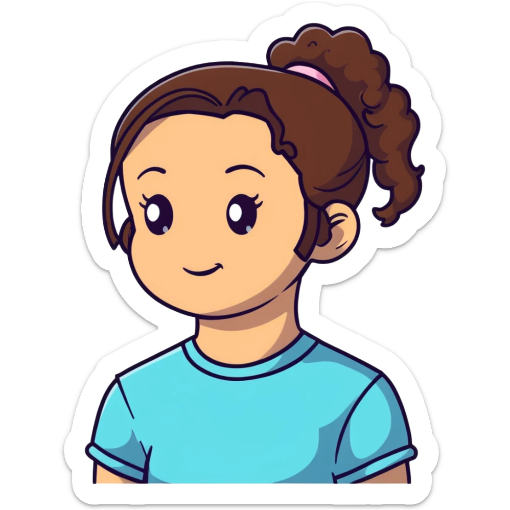 girl with brown curly hair in a ponytail, brown eyes, brown hair sticker