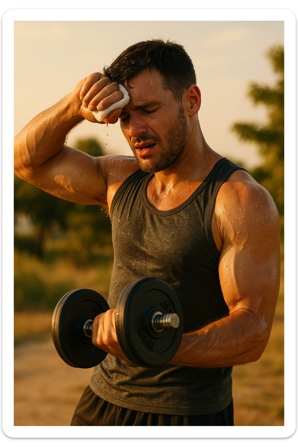 uomo fitness che si allena in estate, tutto sudato, con una mano fa un curl manubri mentre con l'altra mano si asciuga il sudore dalla fronte, espressione affaticata in volto sticker
