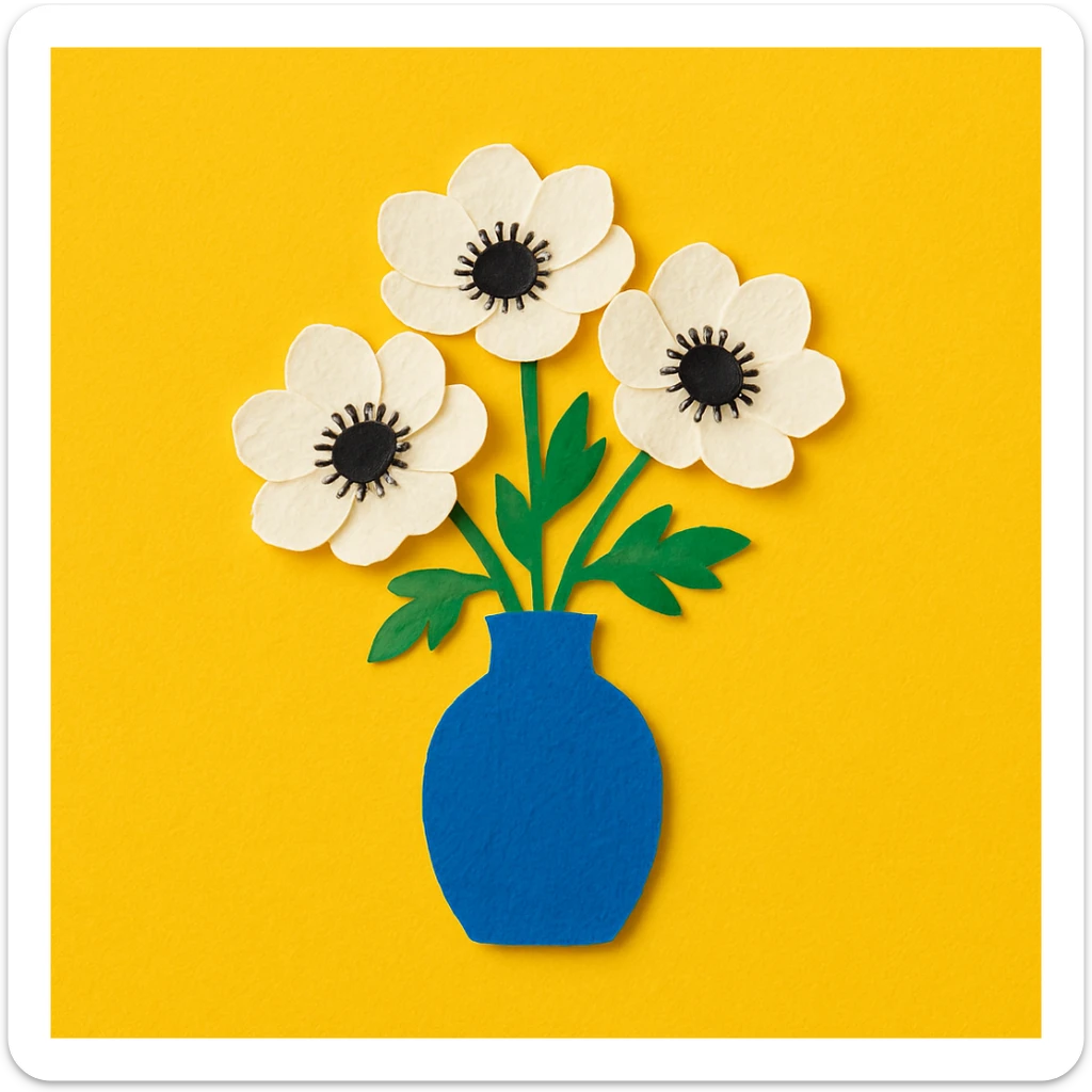 bouquet of white and black anemone flowers in a blue ceramic vase, yellow background sticker