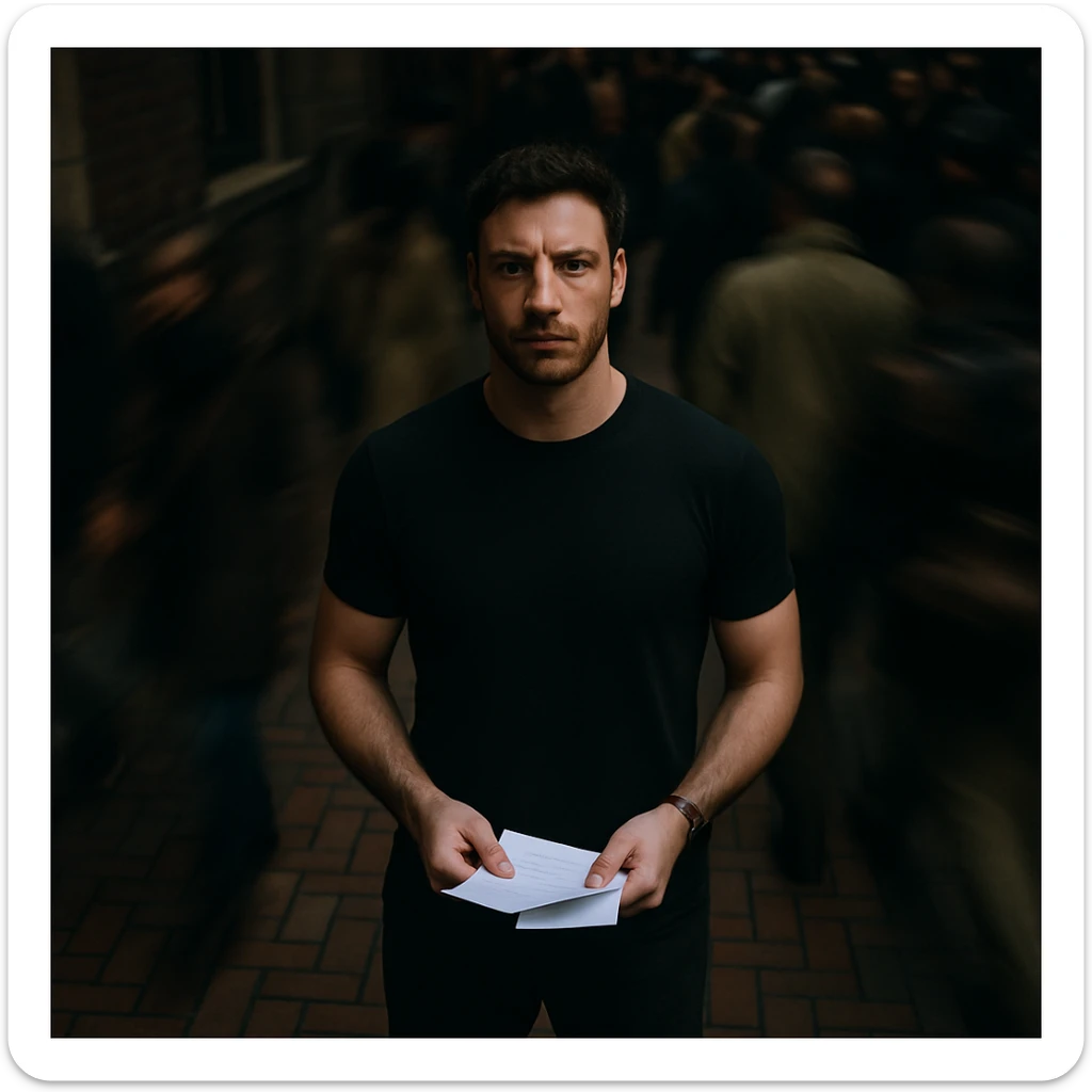 Cinematic overhead shot, person from reference, no headphones, black shirt, fit and athletic, standing still on a brick city sidewalk, motion-blurred crowd, moody lighting, 35mm film look, shallow depth of field, sharp focus. Urban. Render in a style suitable for cinematic photography with moody lighting and shallow depth of field. sticker