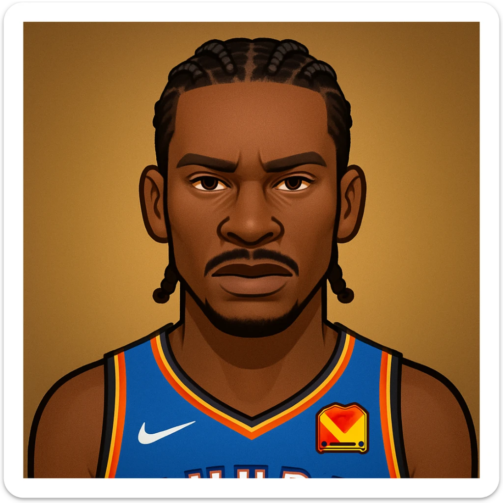 Make the Shai Gilgeous-Alexander emoji look more mature and confident, emphasizing his signature braids, serious expression, and strong presence. Keep the Oklahoma City Thunder jersey and add a cool, confident aura. The style should maintain the original emoji look but with these enhancements. sticker