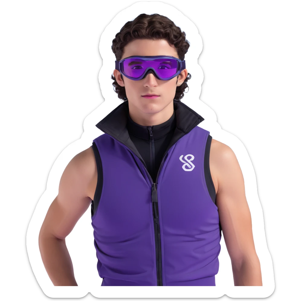 close-up of male athlete with white skin and moderately curly dark brown hair on top with shaved sides, wearing ski goggles with purple frames and very dark black lenses, a simple plain black chain necklace, and a completely unzipped sleeveless vest with purple and black sequin fire pattern design with no logo, with an arrogant smug smirk on his face, looking confident and cocky sticker