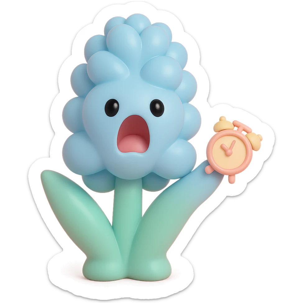 pastel blue hyacinth flower with alarmed eyes and a screaming mouth, waving a tiny alarm clock, fluffy and round, vinyl figure style sticker