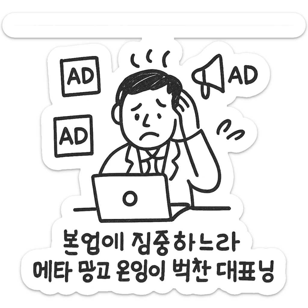 A hand-drawn style icon of a business owner with a laptop, surrounded by ad icons, looking stressed, with Korean text: '본업에 집중하느라 메타 광고 운영이 벅찬 대표님' sticker
