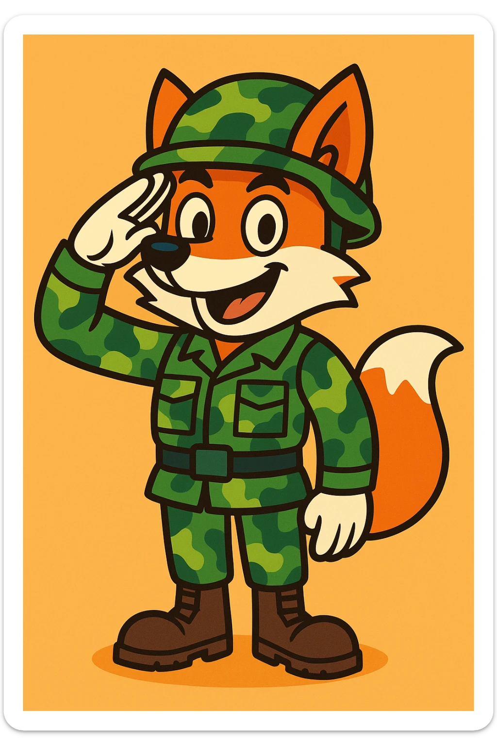 cartoon fox in camouflage gear, saluting, with helmet and boots, vibrant toon style sticker