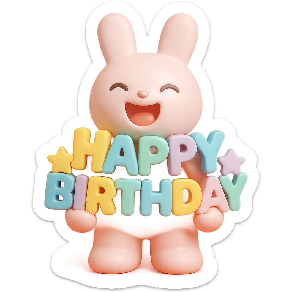 laughing bunny hugging 'Happy Birthday' letters with stars, full body, vinyl figure style sticker