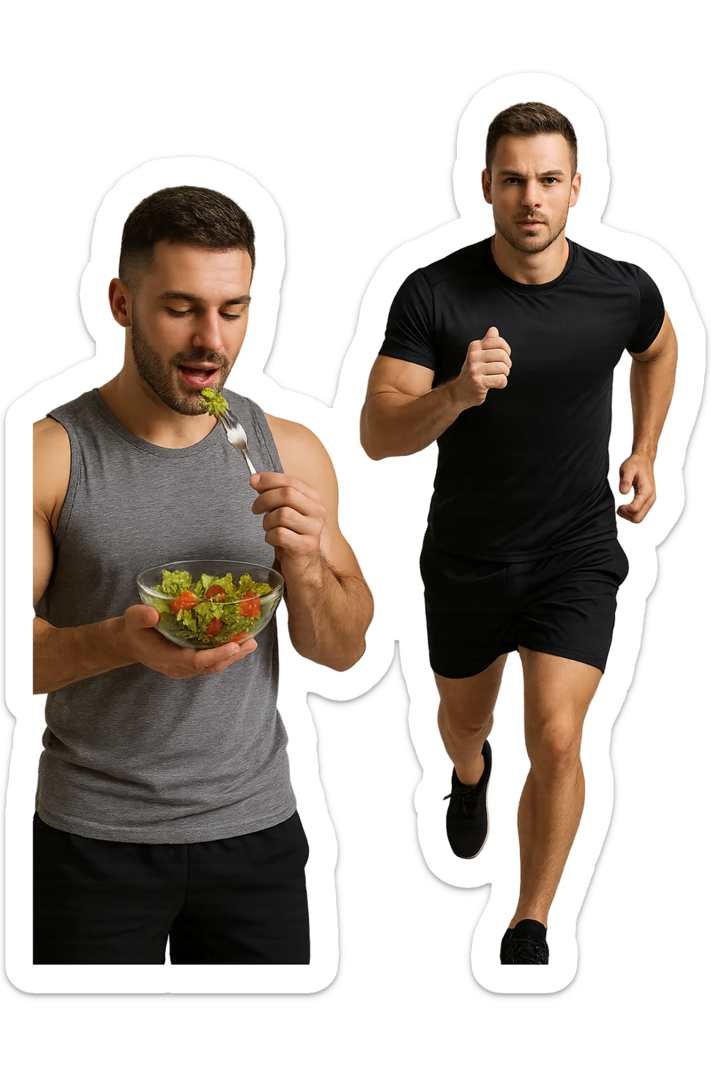 UOMO FITNESS CHE MANGIA INSALATA ACCANTO A UOMO FITNESS CHE CORRE IN POSA FRONTALE sticker
