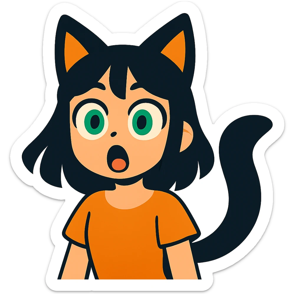 a surprised girl with huge green eyes, black fox ears, and a tail, dark hair sticker