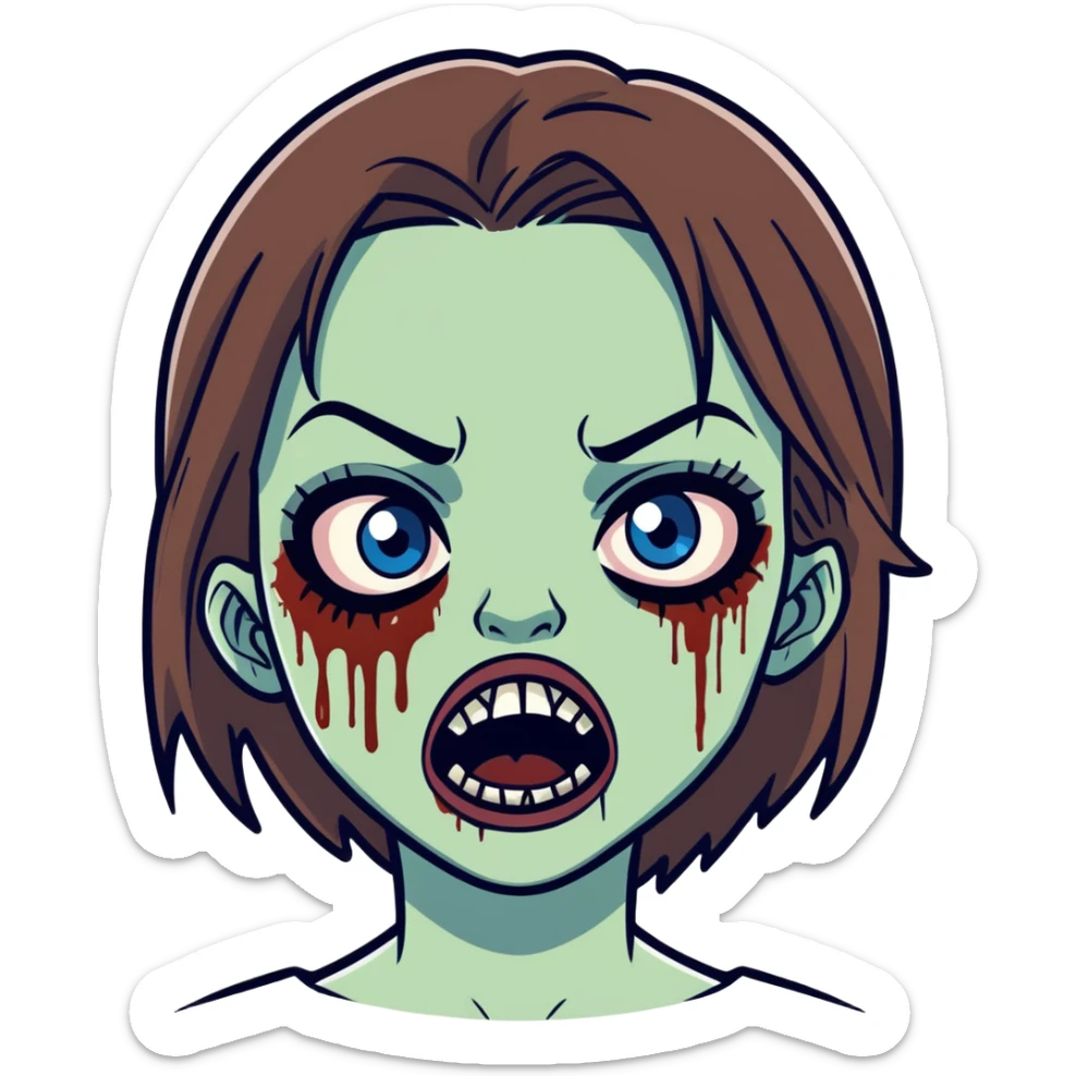 make a zombie girl with brown hair and blue eyes with her mouth open and on the left side of her face have a big cut and straight hair and lashes sticker