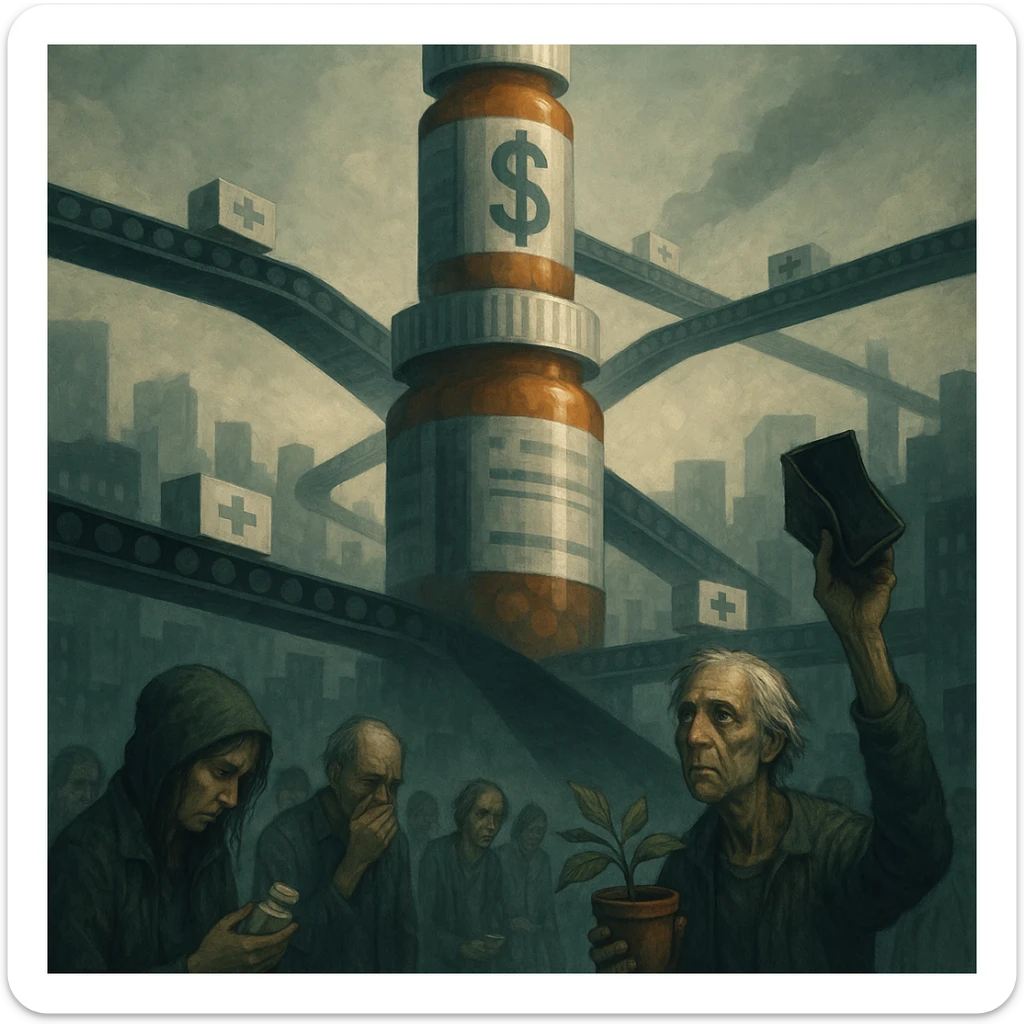 semi-realistic dystopian scene of a towering sleek pharmaceutical corporation building made of pill bottles and dollar signs, casting a shadow over a city of sick people; conveyor belts moving medicine boxes; in the foreground, a few individuals questioning or resisting, holding natural remedies or empty wallets; cold sterile atmosphere, rich in metaphor sticker