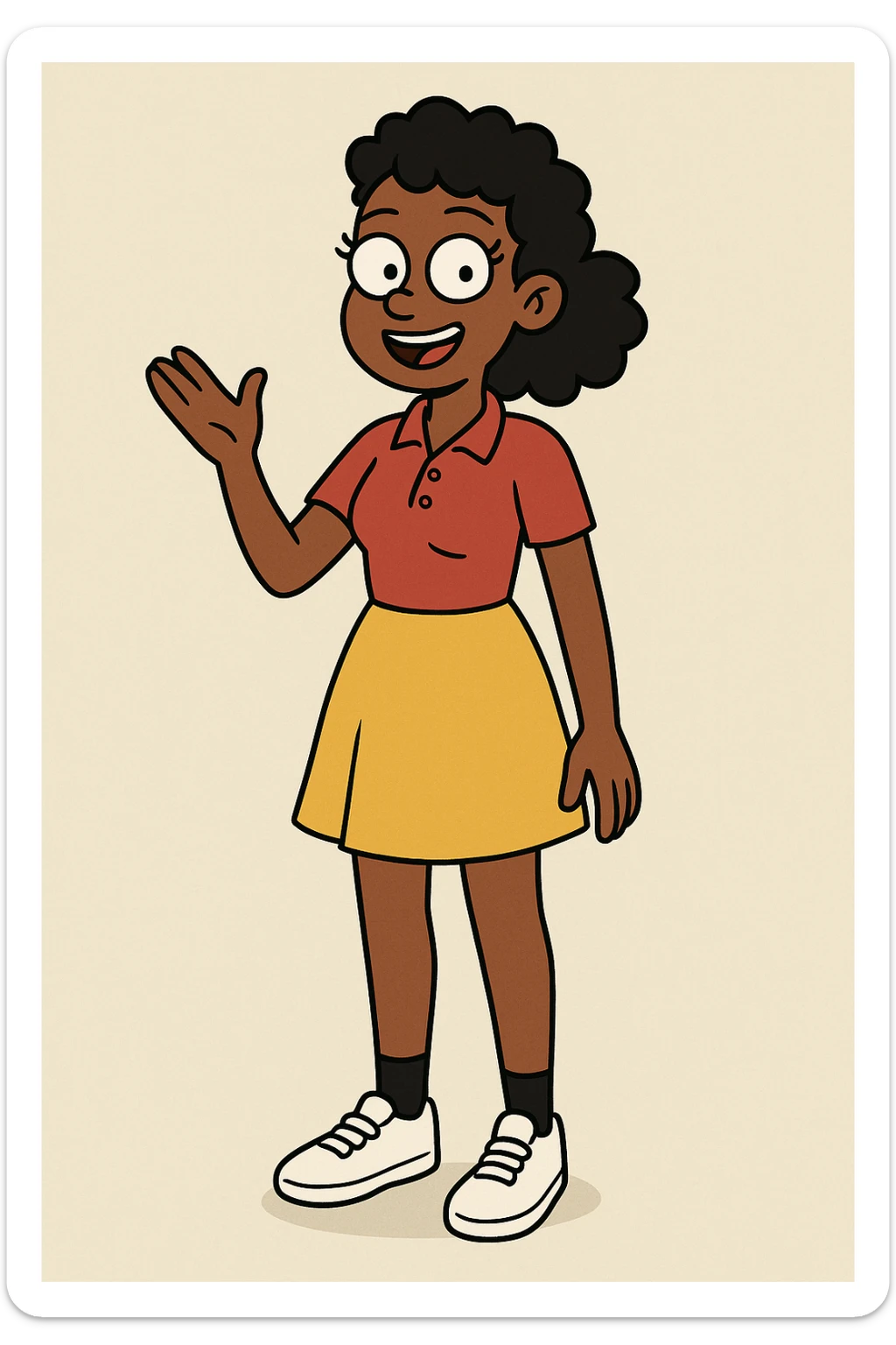 A Girl black Slightly Coiled hair brown Red Women's classic polycotton polo yellow skirt black ankle sock trainer white women's shoe sticker