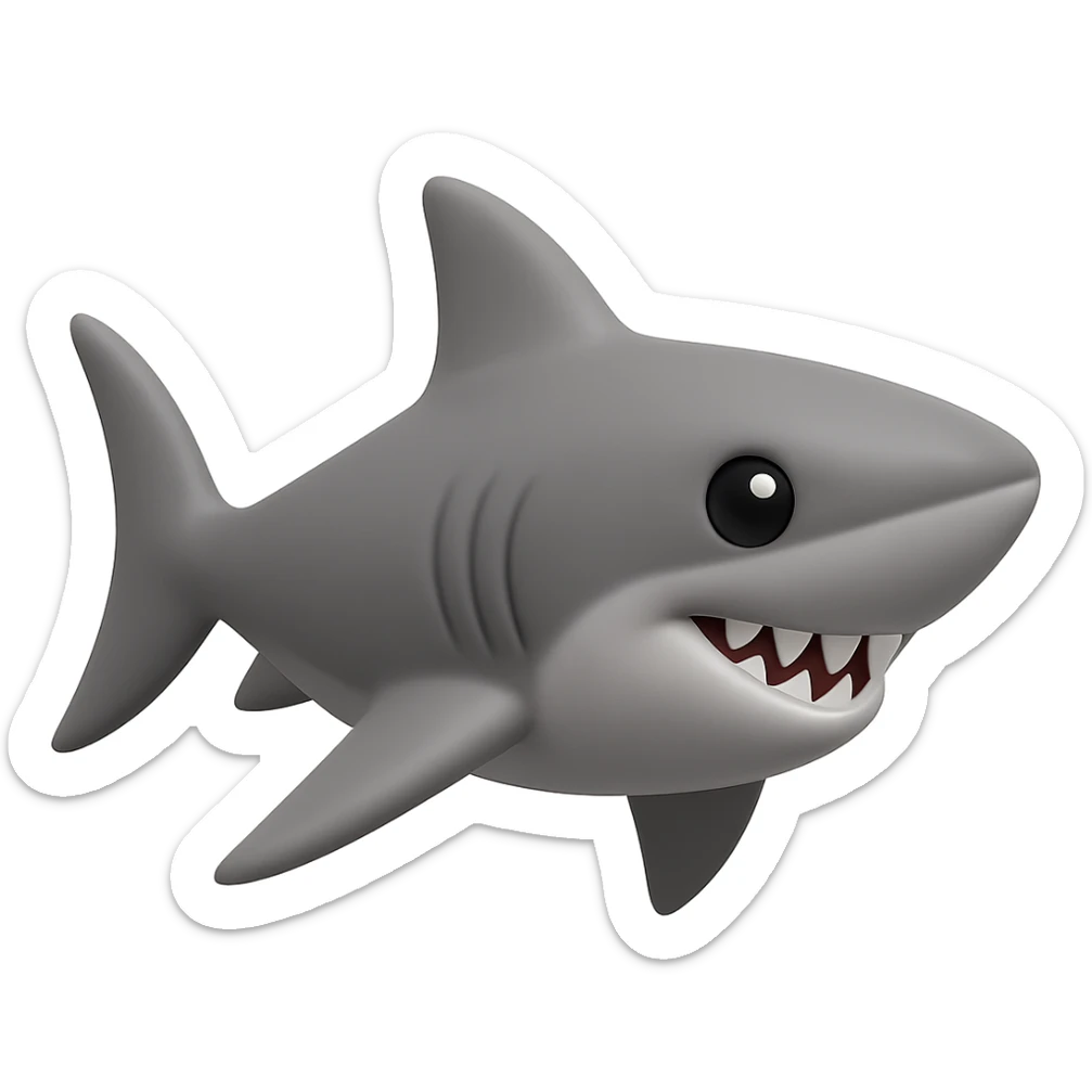 Edit the shark emoji to have a smooth, cartoonish, 3D emoji look in gray color, no legs, no sneakers, no background, just the shark facing right, inspired by the provided reference image. sticker