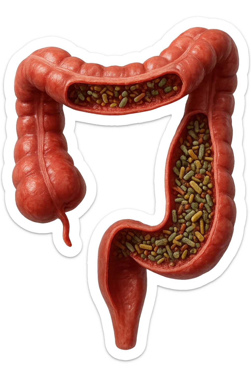 COLON DI UN INTESTINO UMANO ANATOMICO CON ALL'INTERNO PIENO DI BATTERI INTESTINALI, IPERREALISTICO 4K, NON DISEGNATO sticker