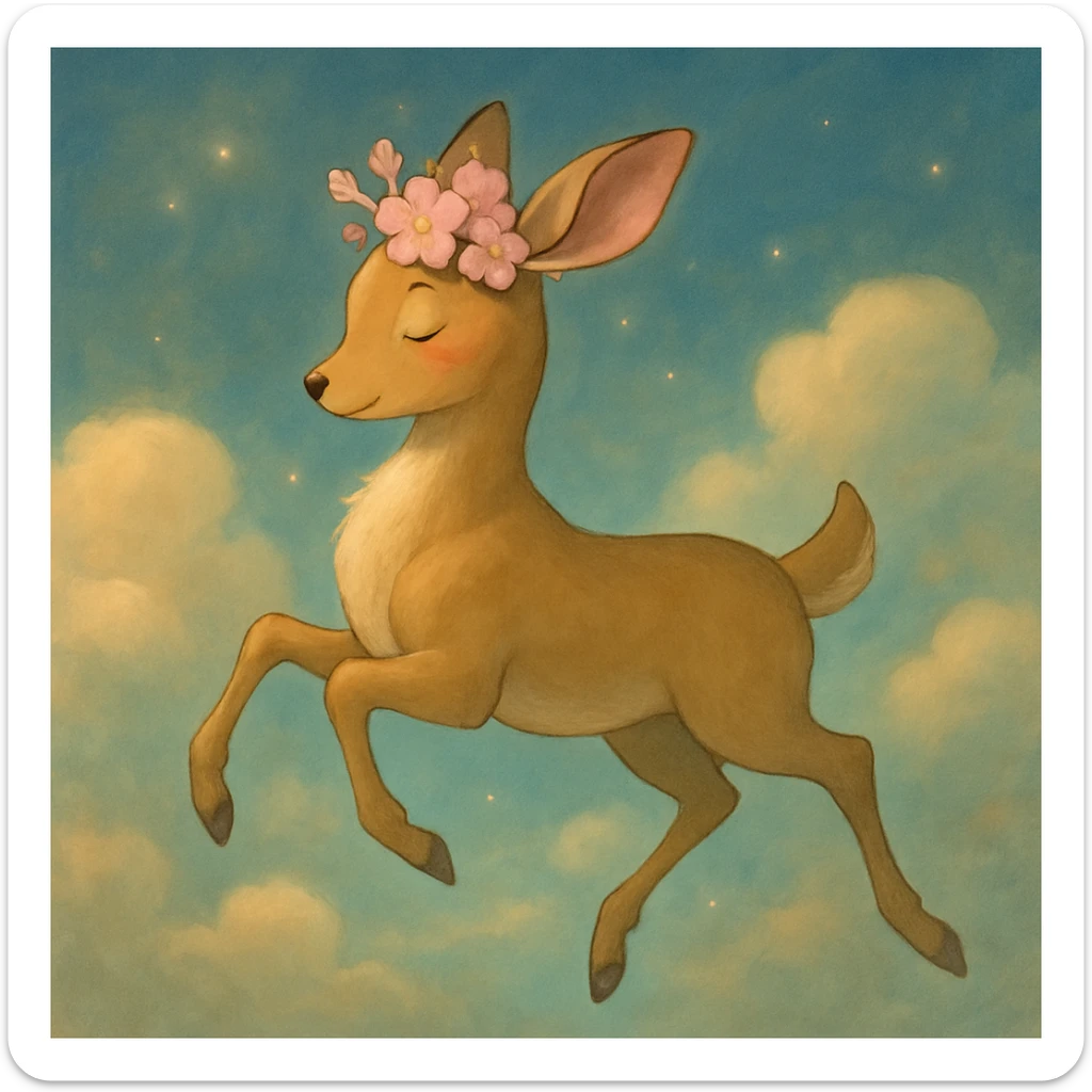Enhance this feminine adult vanilla cloud doe with rosy cheeks and cherry flowers, floating gracefully in a dreamy Ghibli-Pixar style. Make the colors richer, the lines softer, and the cherry flowers more detailed. Add a touch of magical glow and elegance, keeping the overall look whimsical and refined. sticker