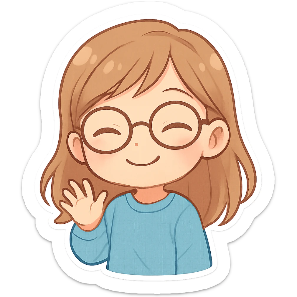 chibi sticker of a 10 year old girl with light brown hair, wearing glasses, smiling in a friendly way, no text sticker