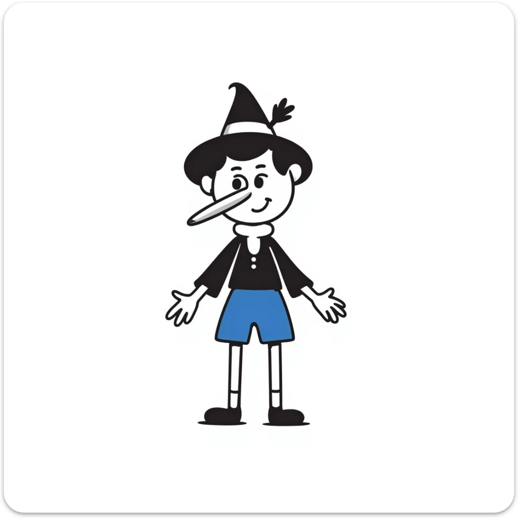 Hand-drawn Pinocchio puppet with a very long nose, wearing blue clothing and pointed hat sticker