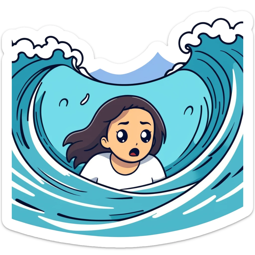 a medium tone woman with straight hair being scared from drowning in a tsunami  sticker