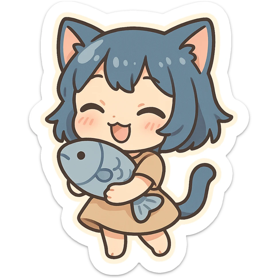cute cat girl with short blue hair, holding a fish plushie, cheerful expression sticker