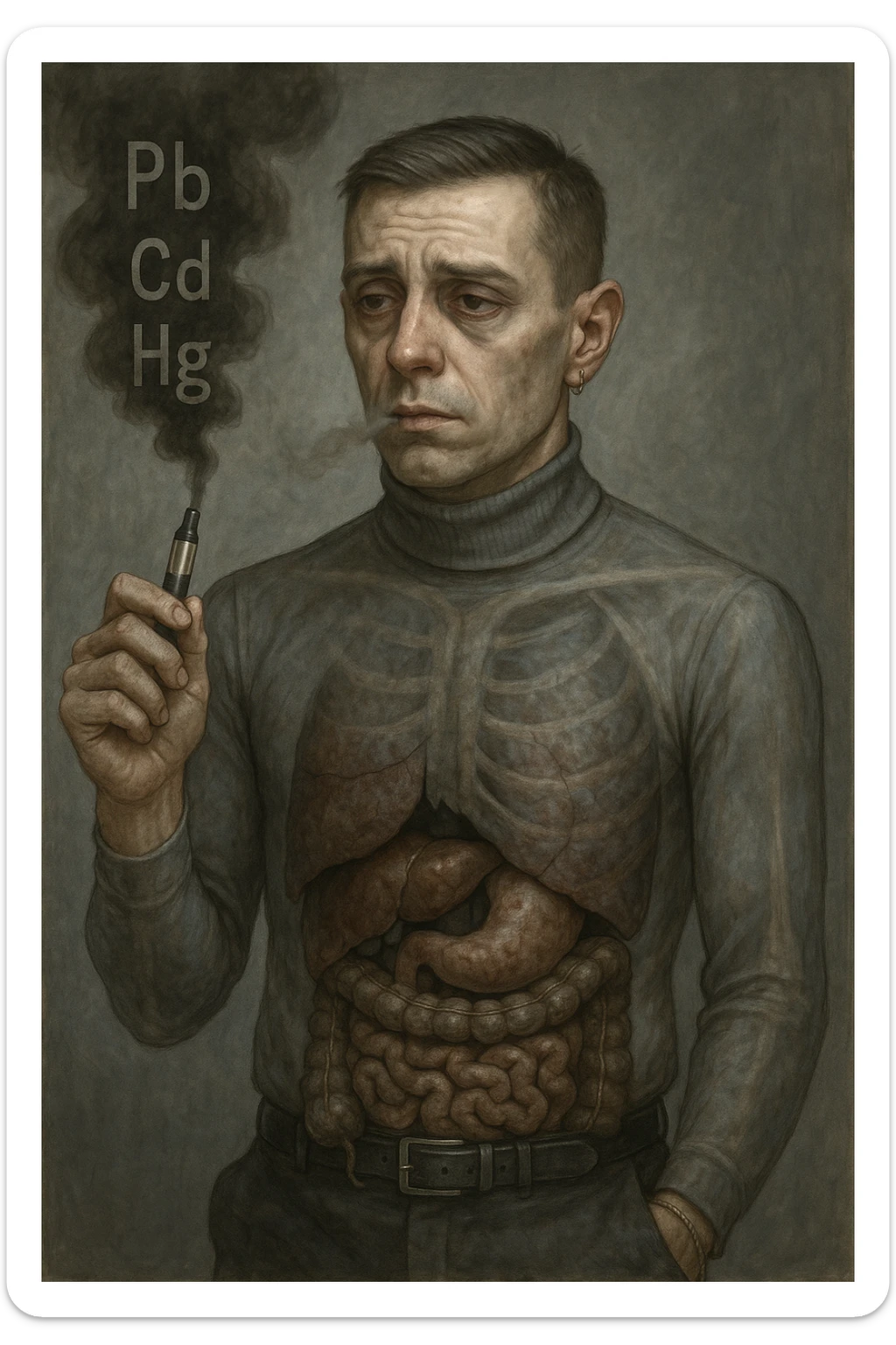 Realistic medical style illustration of a man aged 30-40 years with pale skin, dull eyes, and a tired face, inspired by the reference photo. He holds an electronic cigarette emitting dark smoke with chemical symbols Pb, Cd, Hg. His body is transparent showing dark liver and intestines. The atmosphere is gloomy with metallic colors, realistic medical style. sticker