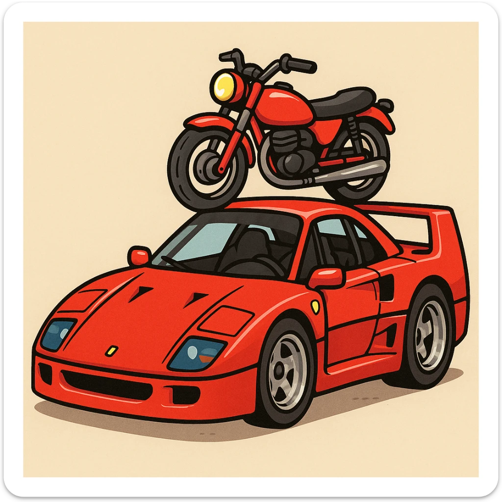 A cartoonish F40 car with a red motorcycle on the roof, playful and bold. sticker