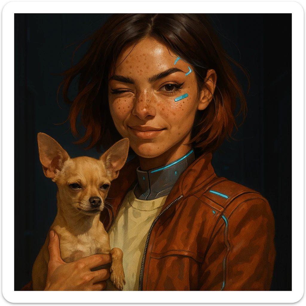 Futuristic portrait of a rebellious and playful woman with tanned skin and freckles, wearing a light shirt (#FFF8CA) and rust jacket, mid-length brown auburn hair, holding a beige-brown chihuahua, dark background. sticker