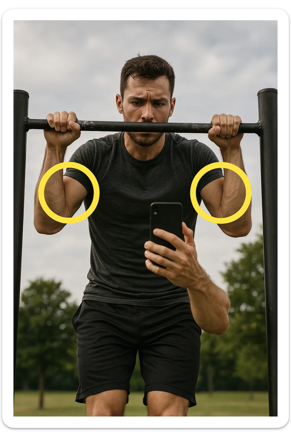 uomo che fa Muscle up e si sta filmando davanti con il telefonino per vedere la sua posizione dei gomiti e delle mani sulla sbarra, fai dei cerchi per indicara i gomiti sticker