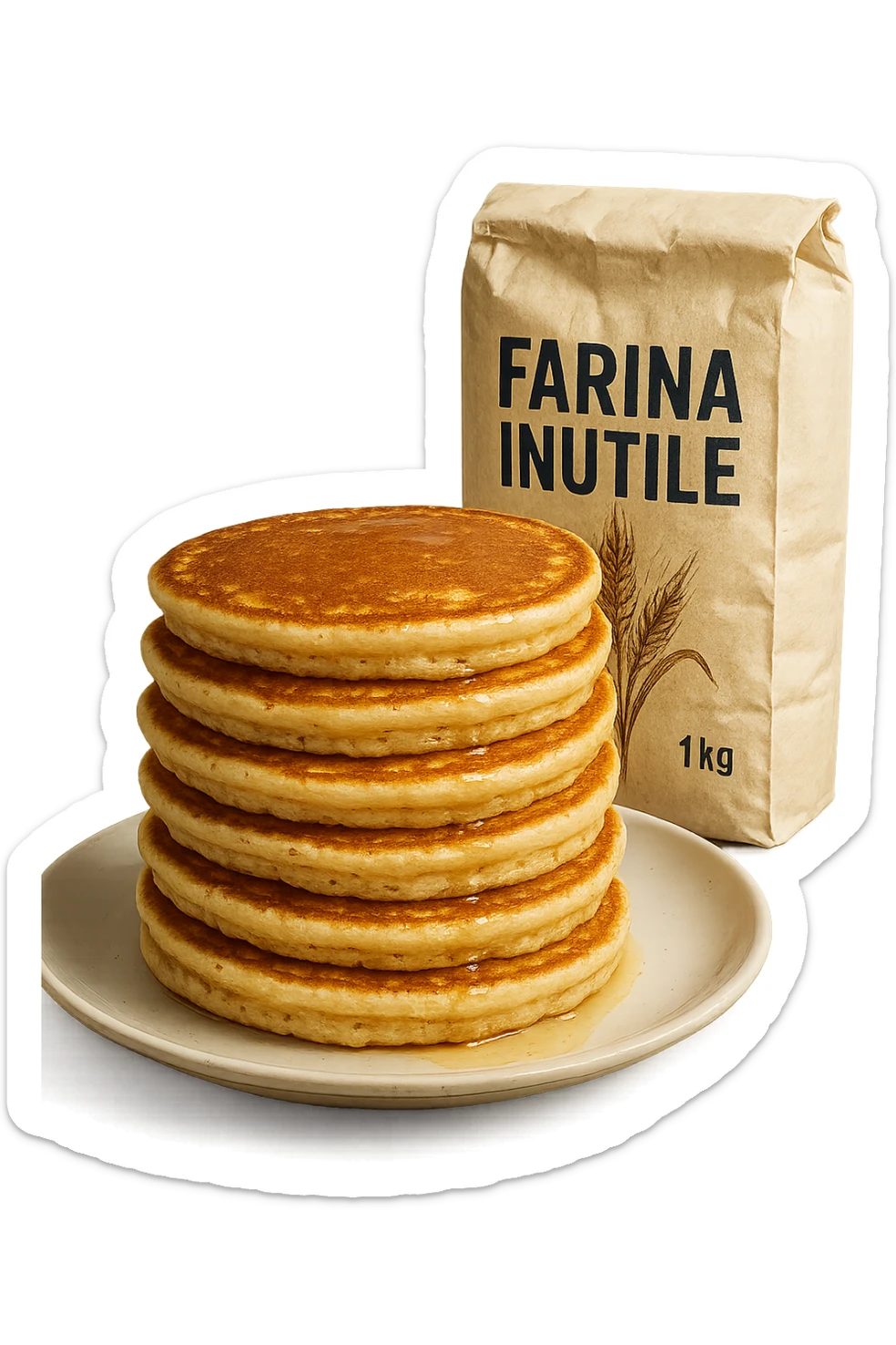 UN PIATTO CON TORRETTA DI PANCAKE E UN PACCO DI FARINA DIETRO CON LA SCRITTA "FARINA INUTILE" SUL PACCO,  iperrealistico 4k sticker