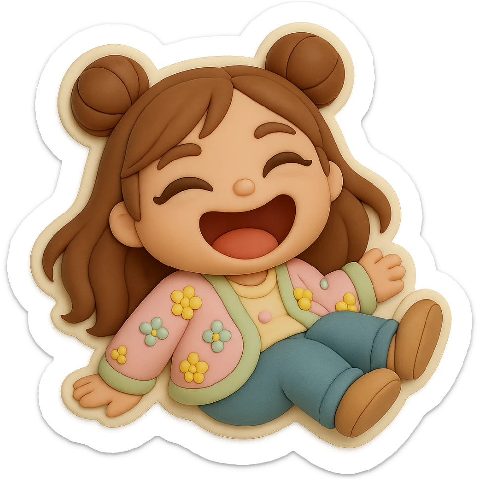 3D chibi fondant cake art style, high-quality rendering with smooth shadows and soft gradients. Girl based on reference image with preserved facial features and eye shape, long brown hair in two space buns, brown eyes, jeans, pastel floral cardigan, thick white outline like a sticker, transparent background. Rolling on the floor laughing. Ensure the face, hairstyle, and eye shape match the reference exactly. sticker