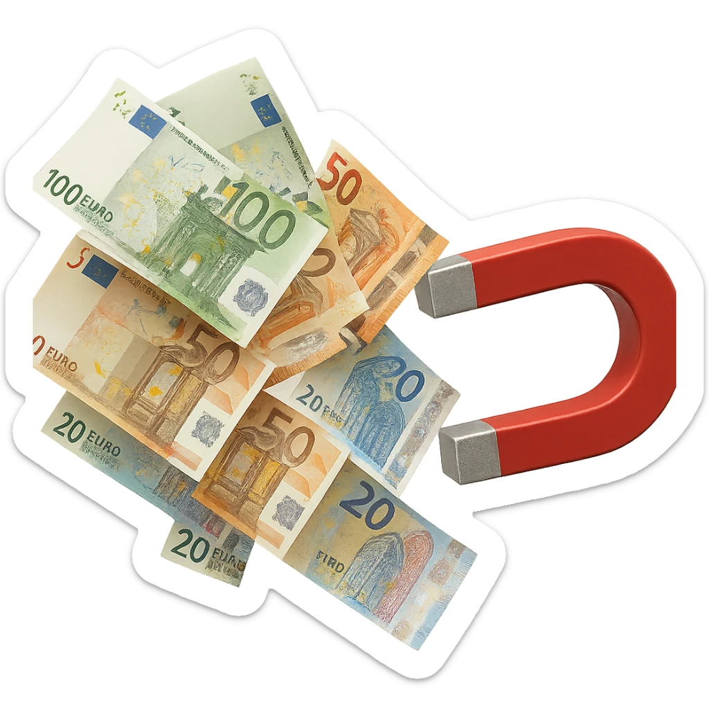 banconote di euro fluttuano vicino ad una calamita rossa, sono attratte, iperrealistico 4k sticker