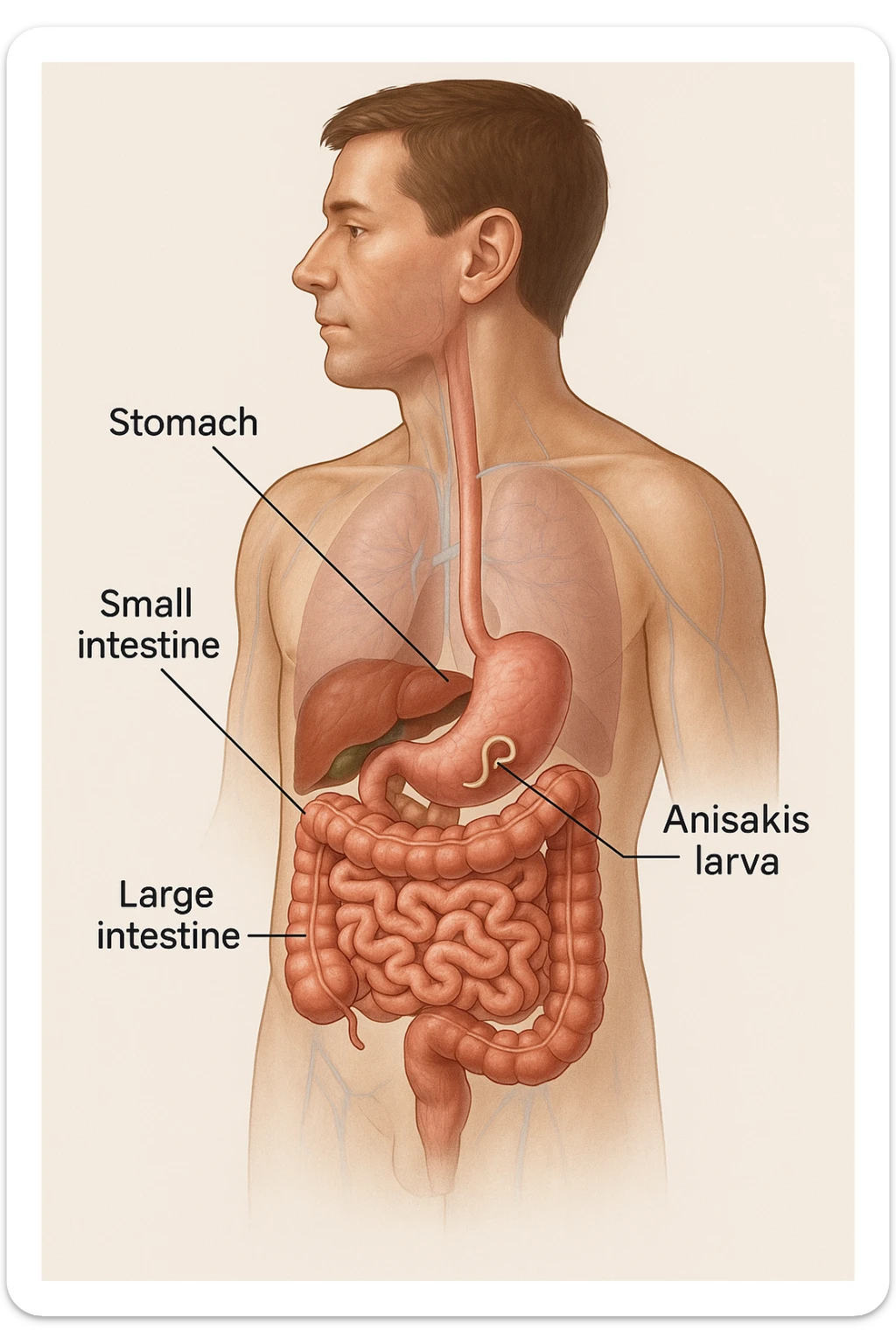 a 3D cutaway view of the human digestive tract, showing an Anisakis larva attached to the intestinal wall. in a man sticker