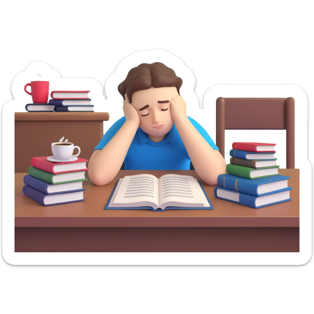 emoji of a slumped-over student at a desk, head resting on arms, with a coffee cup and open books, looking completely worn out from exams sticker