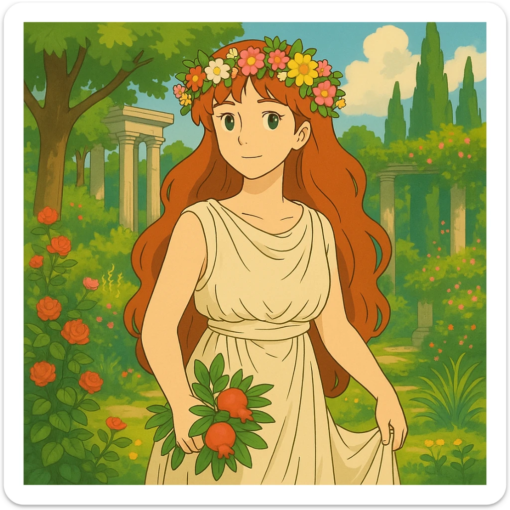 Add a crown of flowers to Persephone's head, keeping the Ghibli style and her red hair, in a lush garden. sticker