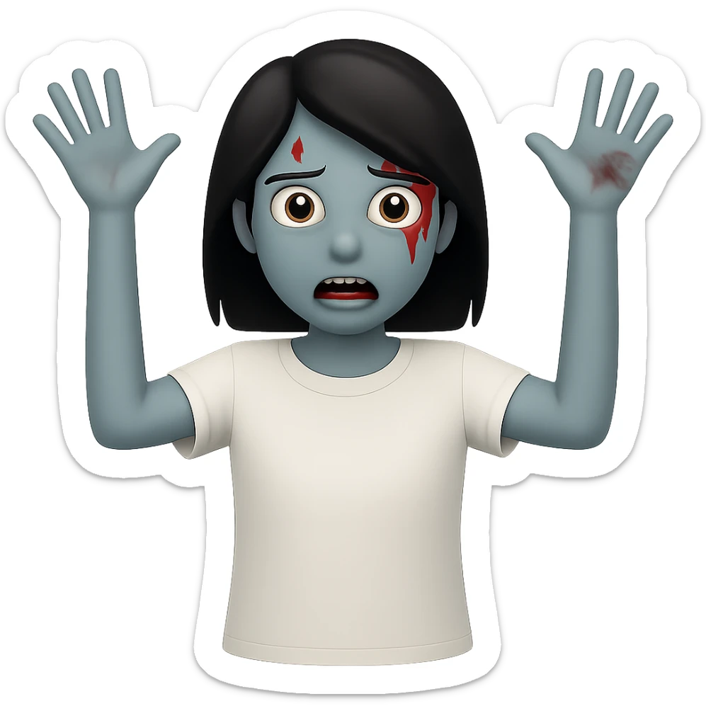 Create an image of a zombie girl with black hair wearing a white t-shirt, minimal blood, in the style of Apple emojis, with no background, arms outstretched. sticker