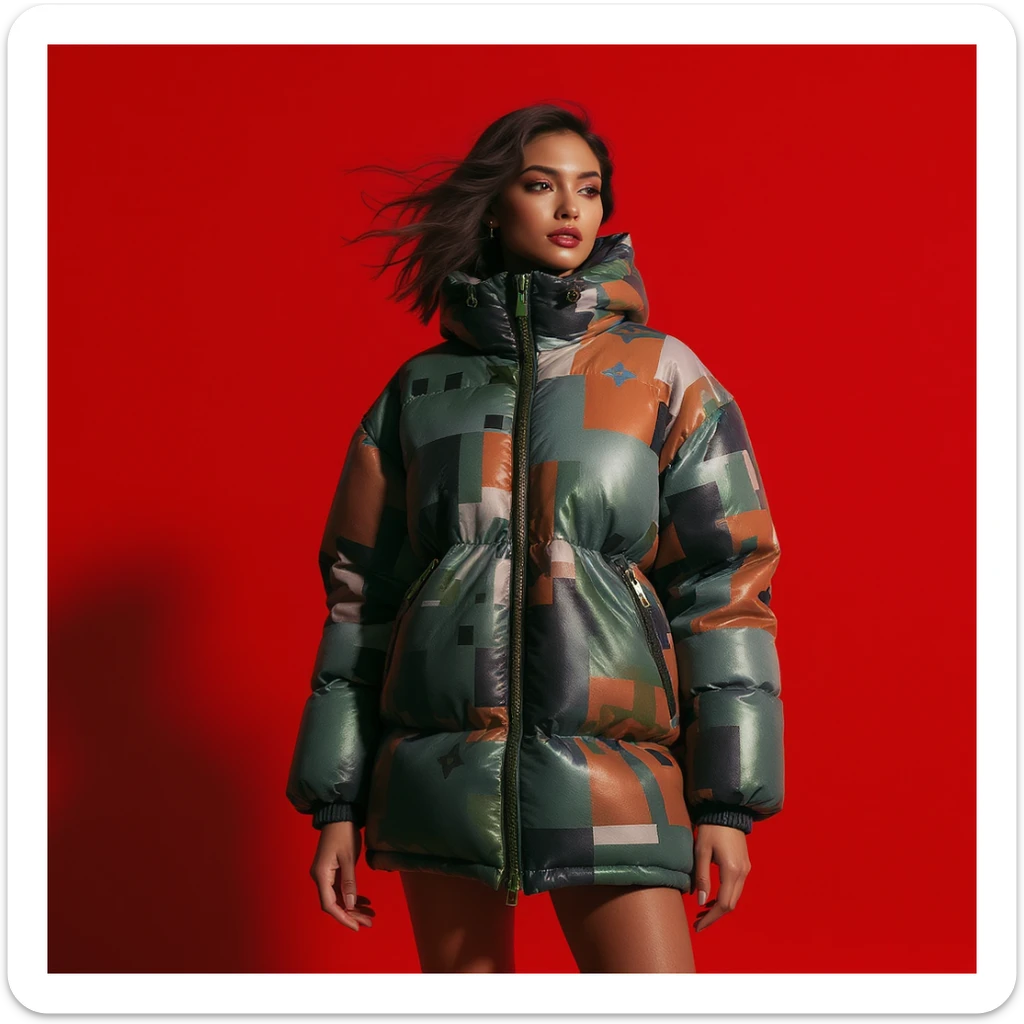 Medium shot, "Echo print effect" motion blur, Photo of a woman dress in abstract (black orange green and blue) grid puffer Louis Vuitton jacket, red solid background, express body, spot light with hard light sticker