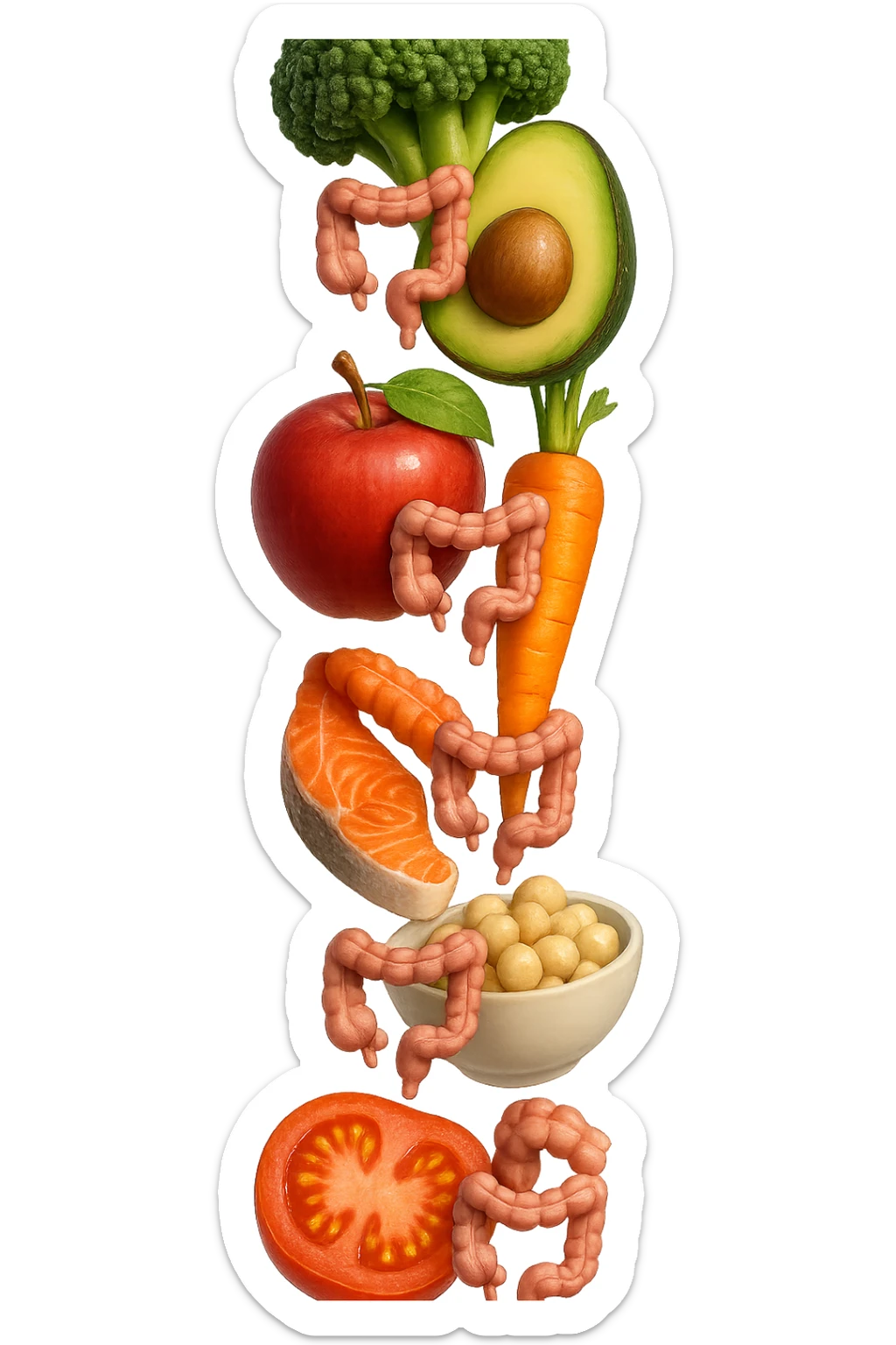 cibo sano fluttua in aria verticalmente stringendo piccoli colon umani, stile emoji iphone, iperrealistico 4k sticker